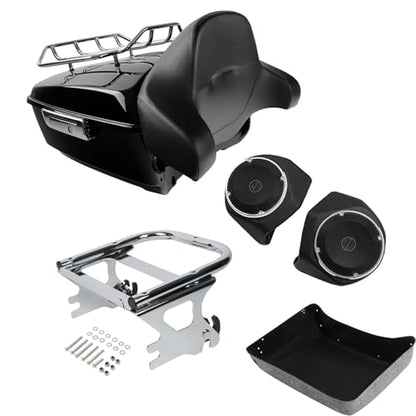 TCMT King Motorcycle Trunk Box Backrest Pad Top Rack Mounting Rack Speakers Fit For Harley Touring 1997-2008 Electra Glide Road Glide Street Glide Pack - color: With Speaker Holes: Style E Chrome Rack