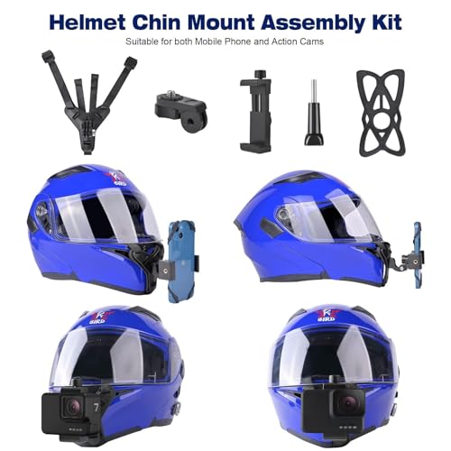 Motorcycle Helmet Chin Strap Mount Supplies Assembly Kit Compatible with All Gopro Heros, SJCAM, GeekPro, 4K, Xiaomi Yi, Insta 360 and Also Brackets for Mobile Phones