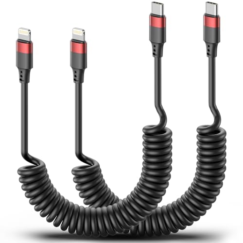 Lightning to USB C Cord Coiled, 2 Pack USB Type C to Lightning Cable PD Fast Charging Retractable USBC to Lightning Cable for iPhone 14 13 12 11 Pro Max Mini 10 8 7 Plus XR XS SE, AirPods, Car - style: USB Type C to Lightning