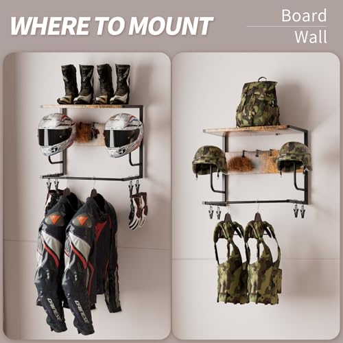 Motorcycle Helmet Holder Wall Mounted, Helmet Rack Wall Mount with Helmet Rack, 4 Glove Chips and 4 hooks, Rustic Helmets Holder and Motorcycle Helmets Racks for Most of Helmet and Clothes - color: Retro