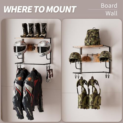 Motorcycle Helmet Holder Wall Mounted, Helmet Rack Wall Mount with Helmet Rack, 4 Glove Chips and 4 hooks, Rustic Helmets Holder and Motorcycle Helmets Racks for Most of Helmet and Clothes - color: Retro