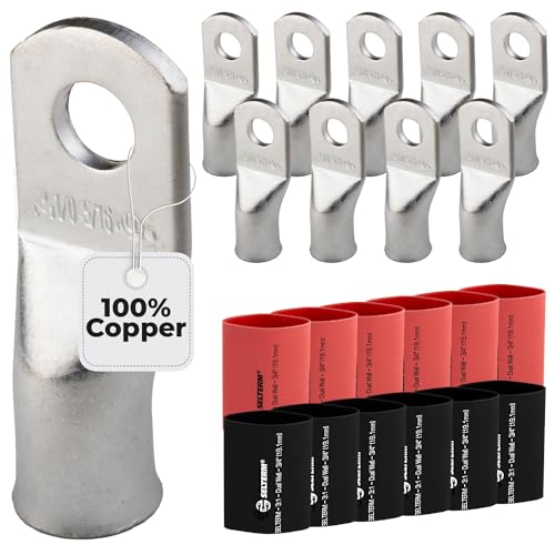 SELTERM 10pcs - 1/0 Awg - 5/16" Stud - Battery Lugs - Ring Terminal Connectors with 12pcs 3:1 Black & Red Heat Shrink Tubing with Adhesive | Heavy Duty Battery Cable Ends - Tinned Copper Wire Lugs Kit - color: Tinned Copper Lugs + Heat Shrinks, size: 1/0