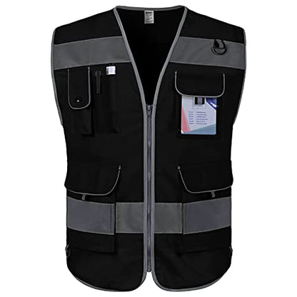 TCCFCCT Safety Vest for Men Women, 9 Pockets High Visibility Reflective Safety Vest, Hi Vis Construction Vest with Reflective Strips, Meets ANSI/ISEA Standards, (Black, Small) - color: Black Fabric-bison 001, size: Small