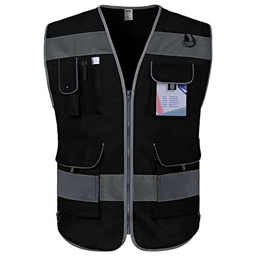 TCCFCCT High Visibility Safety Vest for Men Women 9 Pockets Hi Vis Reflective Vest for Safety, Work Vest with Reflective Strips, Meets ANSI/ISEA Standards, (Black, 4X-Large) - color: Black Fabric-bison 001, size: 4X-Large