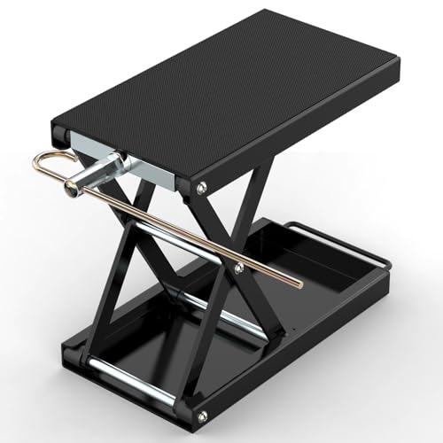 Heavy-Duty Motorcycle Lift Stand, Black Steel, 1100 LBS Capacity | Wide Anti-Slip Deck, J Crank Handle & Socket, Scissor Lift Design, For Cruisers, Dirt Bikes, Street Bikes, ATVs