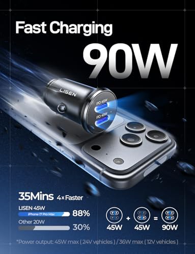 LISEN 90W USB C Car Charger USB C Fast Charge, 45W PD&QC 3.0 Fast Car Charger for iPhone 17 Pro Max 16 15 Pro, Cigarette Lighter USB Charger Adapter for Samsung S26 S25, Android [Metal&Mini] Sockets