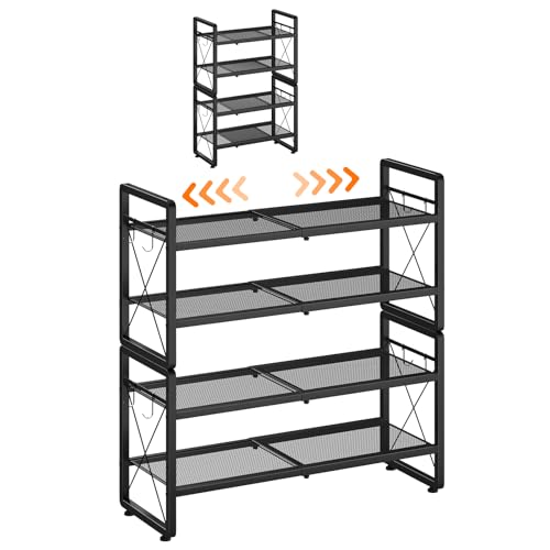 ELYKEN Shoe Rack, 4-Tier Expandable Shoe Organizer for Entryway, Metal Black Shoe Shelf with 8 Hooks, Adjustable Shoe Stand Holder for Closet, Garage, Door Entrance - size: 4-Tier