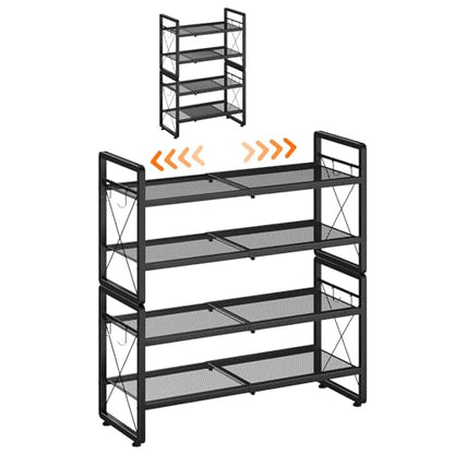 ELYKEN Shoe Rack, 4-Tier Expandable Shoe Organizer for Entryway, Metal Black Shoe Shelf with 8 Hooks, Adjustable Shoe Stand Holder for Closet, Garage, Door Entrance - size: 4-Tier