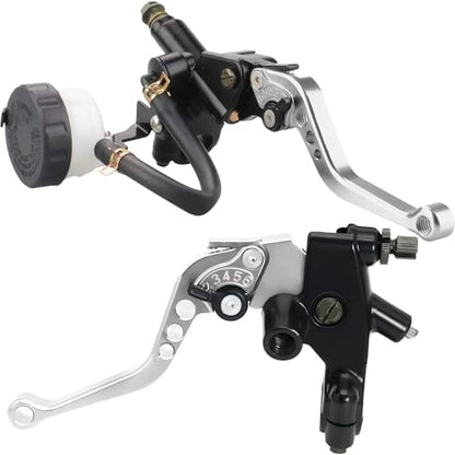 Universal Motorcycle Brake Clutch Pump Lever with Hydraulic Master Cylinder Reservoir Set Left & Right CNC Suitable for 50-300cc Motorcycles with 7/8" 22mm Handlebars - color: Silver