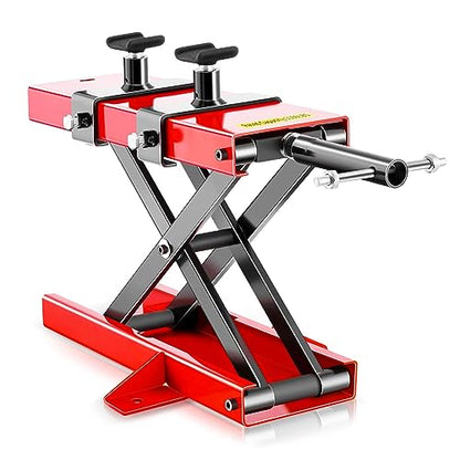 Auto Dynasty Motorcycle Lift Jack, 1100LBS Capacity Steel ATV Scissor Lift Jack Stand Hoist with Saddle and Safety Pins for Motorcycles, Bicycles, ATVs, UTVs, Dirt Bikes - size: 1100 LBS