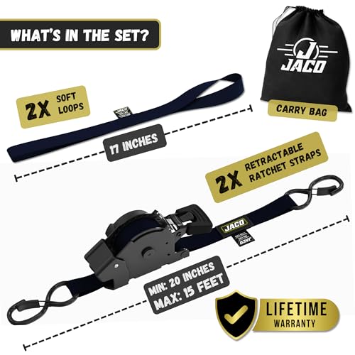JACO Retractable Ratchet Straps - 1 in x 15 ft (2-Pack) (1,760lbs Break Strength) | Auto Self Retracting Cargo Tie Down Strap Set (Black) - color: Black, size: 2-Pack