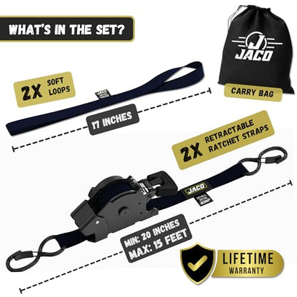 JACO Retractable Ratchet Straps - 1 in x 15 ft (2-Pack) (1,760lbs Break Strength) | Auto Self Retracting Cargo Tie Down Strap Set (Black) - color: Black, size: 2-Pack