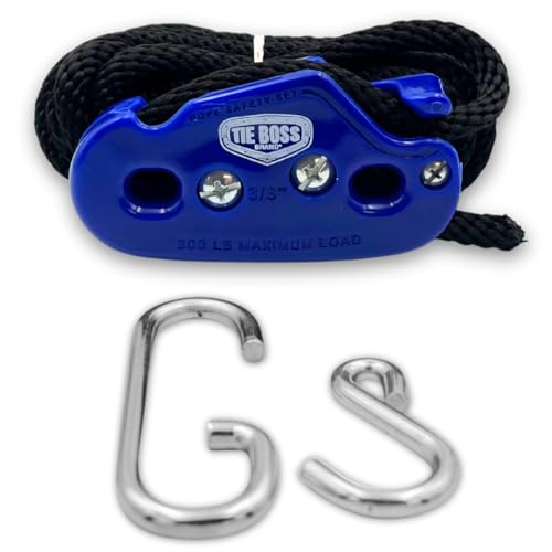 Tie Boss - 3/8 Inch, Heavy Duty, (300 lbs Working Load Limit), Weather Resistant, Tie Down, Rope Tightening System, (w/15 ft Rope) - Blue (Blue) - color: Blue