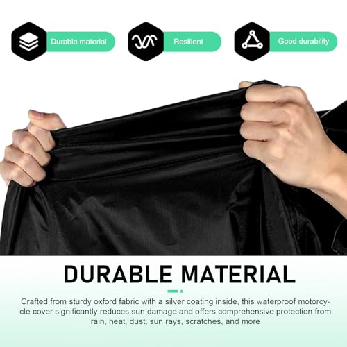 Motorcycle Cover, All-season Waterproof Protective Outdoor Shield with Lock-holes, Polyester Motorbike Cover with Storage Bag, for Up to 49.2" x 96.5" Motorcycles (Black)