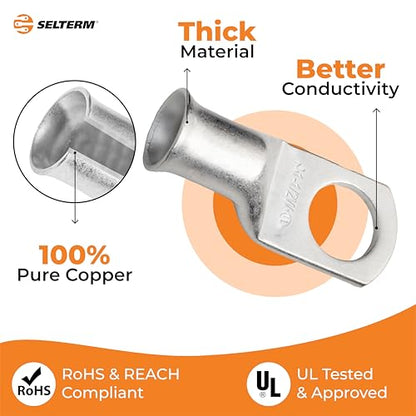 SELTERM 25pcs 1 AWG 1/2" Stud Marine Grade Tinned Copper Battery Cable Lugs, 1 Gauge Ring Terminals, UL Wire Lugs Electrical Battery Cable Ends, Tinned Copper Lugs Battery Terminal Connectors - color: Tinned Copper Lugs, size: 1 Awg - 1/2" (M12) Ring