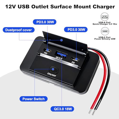 12V RV USB Outlet,78W,Dual PD3.0 Type-C Fast Charge 60W and QC3.0 18W Panel Wall Mount,Car USB Wall Charger Adapter for RV,Boat,Bus,ATV Motorcycle,Truck