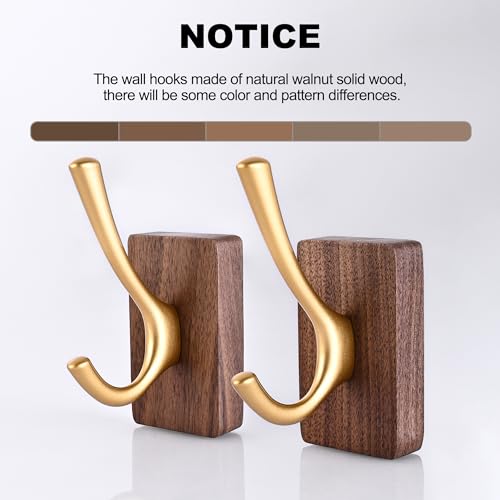4 Pack Walnut Wood Wall Coat Hooks for Hanging, Adhesive Mounted & Wall Mount Heavy Duty Wooden Double Hook Hanger for Towel Backpack Hat Jacket Clothes Blanket Purse Robe Key Gold Hook - color: Gold Coat Hooks