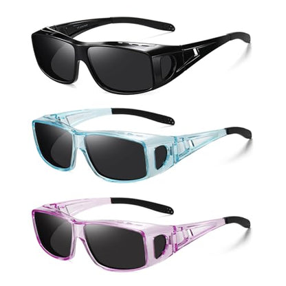 Wzerry Sunglasses Fit Over Glasses Polarized for Men Women, Wrap-Around Glasses UV400 Protection for Driving and Outdoor - color: Black/Grey + Transparent Blue/Grey + Transparent Purple/Grey