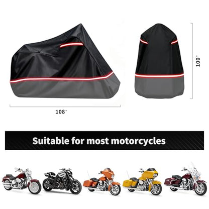 Full Enclosed Motorcycle Cover,Waterproof for Outdoor & Indoor Storage, 600D Heavy Duty with Reflective Strips, Fits Scooters & Touring Motorcycles up to Length 108" x 45" x 59" Black&Gray - size: 108"L-45"W-59"H