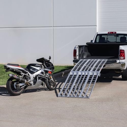 Black Widow 9' Aluminum Folding Motorcycle Ramp, Extra-Wide 3-Piece Arched Ride-Up Loading Ramp for Trucks and Trailers, 1,500 Lb Capacity, Silver - size: 9 feet