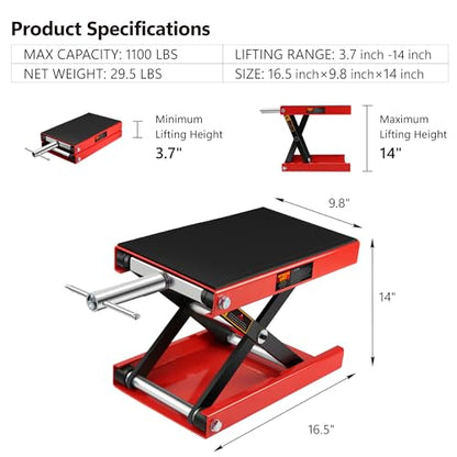 Motorcycle Lift - 1100 LBS Motorcycle Scissor Lift Jack Table with Wide Deck & Safety Pin, 3.7"-14" Heavy Duty Steel Motorcycle Table Lift Jack for Bikes ATVs Garage Repair Center Stand Lift Jack, Red