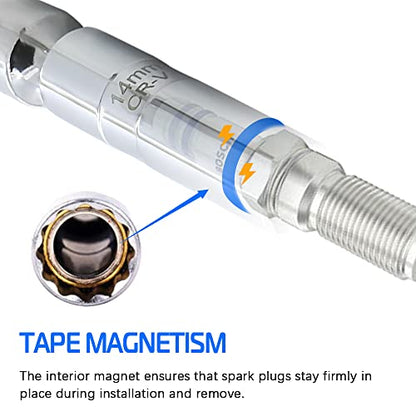 A ABIGAIL 14mm Thin Wall Swivel Magnetic Spark Plug Socket 3/8 Inch Drive 12-Point Spark Plug Socket Removal Tool Compatible with Motorcycle, Car, SUV, BMW, Nissan, Mini, Mercedes - size: 14mm