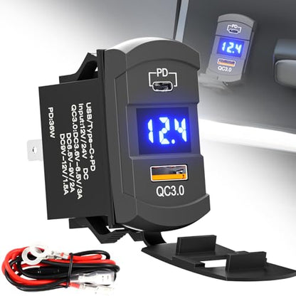 Dual Socket Charger Panel with Voltmeter - Type-C PD & USB QC 3.0 Fast Charger,12V/24V Waterproof for Marine, Boat, RV, Vehicle, Motorcycle Switch Panel (Square, Blue LED)