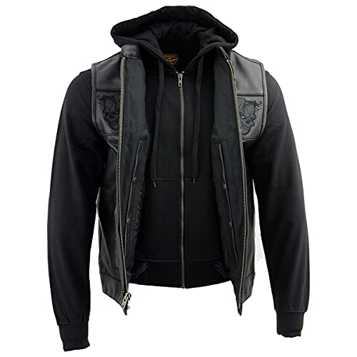 Milwaukee Leather MLM3563 Men's Leather Vest w/Removeable Hoodie - Black 2 in 1 Reflective Skulls Motorcycle Vest - Small - size: Small