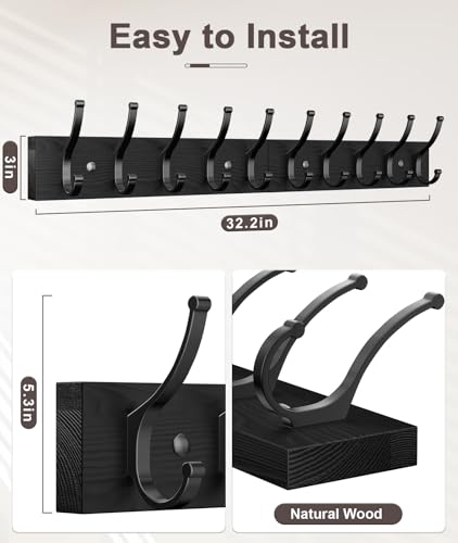 Optish 2 Pack Wooden Coat Rack Wall Mount, 16.1" Rustic Coat Hanger Hooks Wall Mount, Wall Coat Rack for Hat, Clothes, Bags, Jacket - Black - color: Black