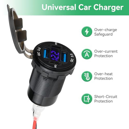 12V USB Outlet 4-Port, 78W Dual PD30W & QC3.0 Fast Charger, Waterproof Aluminum Alloy 12v Power Outlet with Blue Voltmeter for Cars RVs Boats Golf Carts Trucks Motorcycles - size: 1 pack