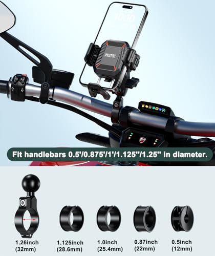 iMESTOU Motorcycle Wireless USB C Phone Mount Anti-Vibration, Anti-Theft 1" Ball Qi Phone Mount Suitable for 5.2"-7.2" Up to 15mm Thick Phones, Fits for 22-32mm Handlebars, Works with 12-24V Vehicles