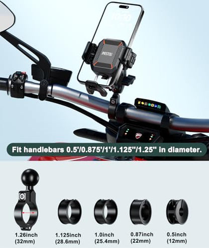 iMESTOU Motorcycle Wireless USB C Phone Mount Anti-Vibration, Anti-Theft 1" Ball Qi Phone Mount Suitable for 5.2"-7.2" Up to 15mm Thick Phones, Fits for 22-32mm Handlebars, Works with 12-24V Vehicles