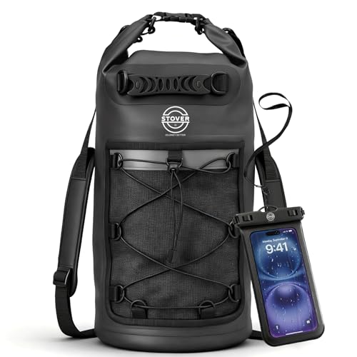 STOVER 5/10/25/30/40/55L Waterproof Dry Bag- Roll-Top Backpack w/Phone Case- Kayaking, Hiking, Camping, Boating- Men/Women - color: 30l Black (With Phone Case), size: 30L