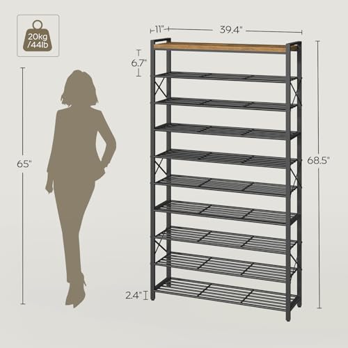 YATINEY 10-Tier Shoe Rack, 39.4" L Shoe Shelf for 45-50 Pairs of Shoes, Tall Shoe Storage Organizer with Metal Frame, Large Capacity Shoes Rack for Entryway, Closet, Rustic Brown and Black SS39BR - size: 39.4" x 11" x 68.5"