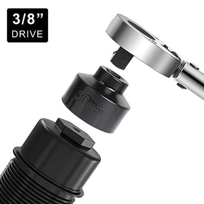 Hromee Fuel Filter Cap Removal Tool and Installer 7 Pieces Low Profile Oil Canister Socket Set 24mm 27mm, 29mm, 30mm, 32mm, 36mm and 38mm