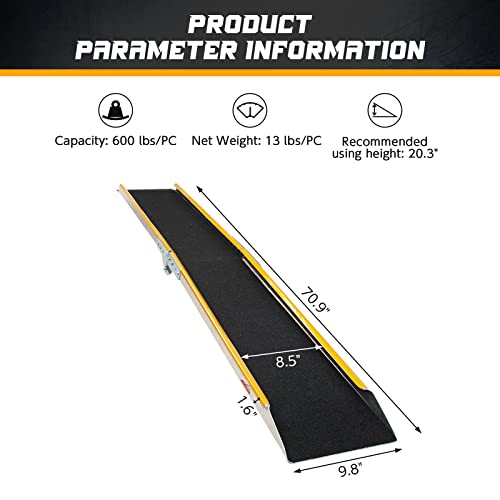 Ruedamann 71" Aluminum Loading Ramps for Pickup Trucks Trailers, Folding Motorcycle Ramp, 600Lbs Capacity, Snowmobile Ramp, ATV Truck Ramps for Dirt Bike, Tractor, Tailgate Bed, Usable Width 8.5", 1PC - size: 71'' - 600 lbs