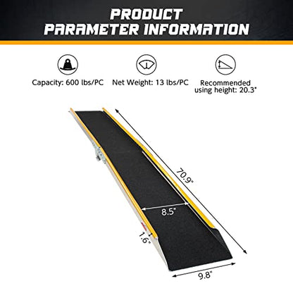 Ruedamann 71" Aluminum Loading Ramps for Pickup Trucks Trailers, Folding Motorcycle Ramp, 600Lbs Capacity, Snowmobile Ramp, ATV Truck Ramps for Dirt Bike, Tractor, Tailgate Bed, Usable Width 8.5", 1PC - size: 71'' - 600 lbs