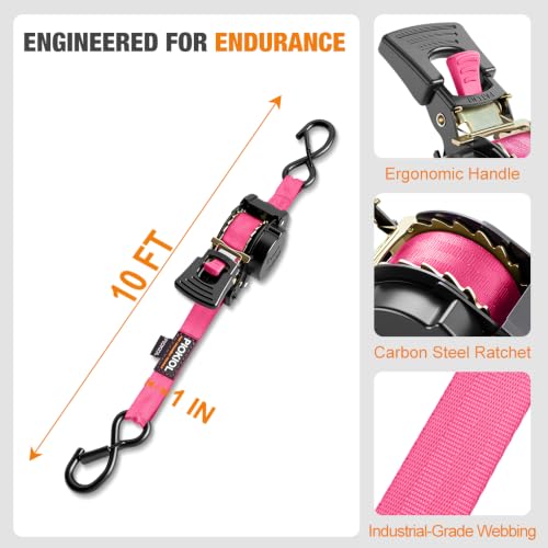 Retractable Ratchet Straps (4-Pack) - 1 Inch x 10 Feet (1,764lb Break Strength) - Heavy Duty Auto Self Retracting Tie Down Straps for Truck, Cargo Trailer, Motorcycle, ATV, UTV – Pink - color: Pink