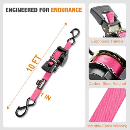 Retractable Ratchet Straps (4-Pack) - 1 Inch x 10 Feet (1,764lb Break Strength) - Heavy Duty Auto Self Retracting Tie Down Straps for Truck, Cargo Trailer, Motorcycle, ATV, UTV – Pink - color: Pink