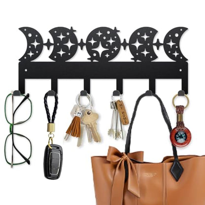 MAYJOYDIY Moon Phase Star Metal Key Hook Starlight Full Moon Coat Rack Wall Mounted 15.7×6.2inch Art Wall Decor Key Holder Organizer Rack with 6 Hooks for Gift Coats Hats Towels Bags Hanging - style: Moon Phase