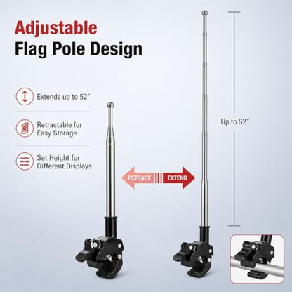 Bike Flag Pole, 2pcs Adjustable Motorcycle Flag Mounts Retractable Stainless Steel Motorcycle Flagpole, Holder for Mountain Road Bicycle Accessories (Extendable up to 52'')