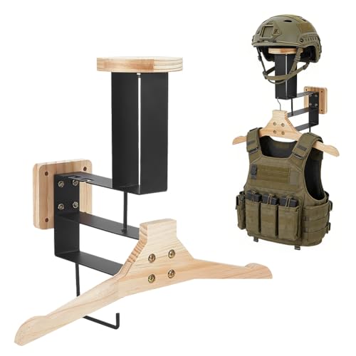 Tactical Gear Stand Wooden Motorcycle Helmet Holder Wall Mount Heavy Duty Helmet Display Rack with Hooks Jacket Hanger Wall Mounted for Motorcycle Football Cycling Accessories