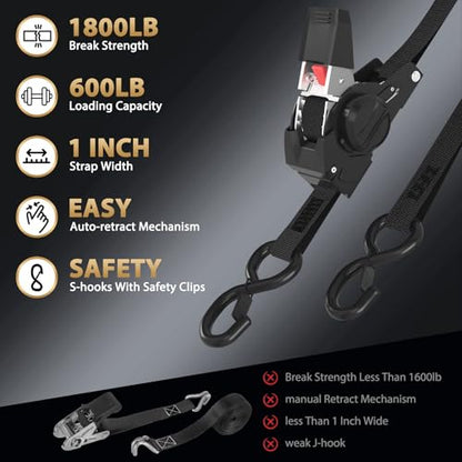 6FT Retractable Ratchet Straps(2-Pack) - 1 Inch (1800 LB Break Strength) Heavy Duty Self Retracting Ratchet Straps with Soft Loops & Storage Bag for Household, Motorcycle, Truck, ATV(Black) - style: 6FT/Black-2 Pack