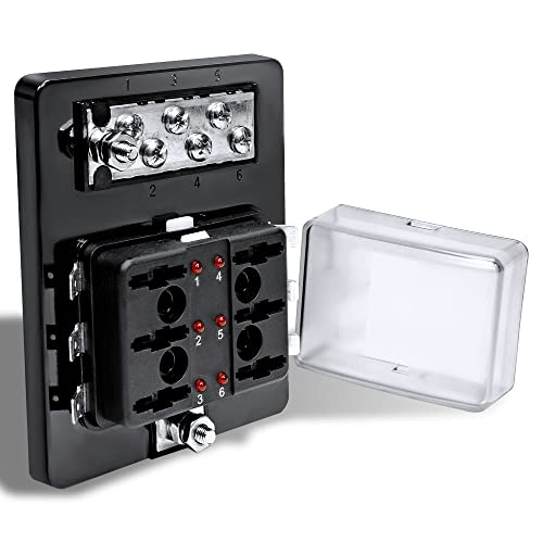 True Mods 6 Way Blade Fuse Box with Ground Negative Bus bar for Automotive [ATC/ATO Blade Fuses] [100 Amp] [LED] [Protection Cover] [12V - 30V DC] Auto Marine Ground Fuse Block - size: Fuse Box w/Busbar