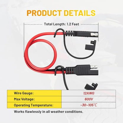Oyviny 1FT SAE Extension Cable 12AWG, SAE Quick Disconnect Solar Panel Extension Cable with Polarity Reversing Adapter for Automotive RV Truck Battery Charger, 12V - size: 1 Feet