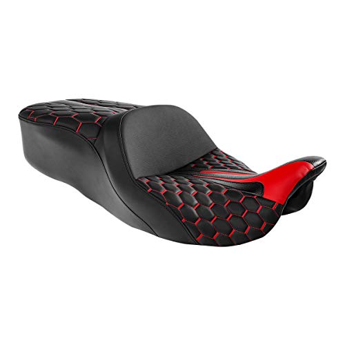C.C. RIDER Leather Driver Passenger Seat - Bagger Comb Strapped 2-Up One-Piece Fit for Harley Touring Road King FLHR Street Glide FLHX Road Glide FLTRX Electra Glide FLHT 2009-2023 - color: Black+Red