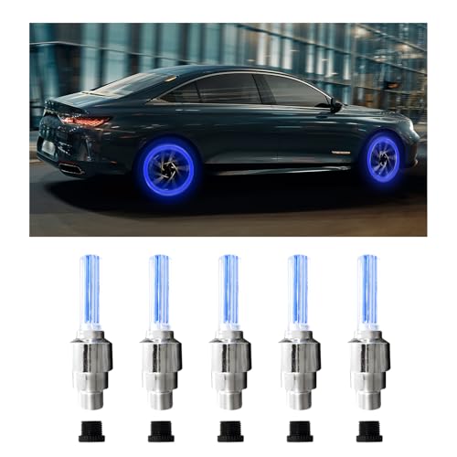 Dickno 5 PCS LED Flash Tyre Wheel Lights, Waterproof Tyre Wheel Valve Cap Light with Battery, Universal Vehicle LED Tire Decor Lights for Cars Trunks Bikes Bicycles Motorcycles (Blue) - color: Blue