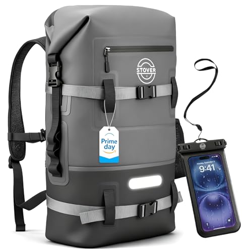 STOVER 5/10/25/30/40/55L Waterproof Dry Bag- Roll-Top Backpack w/Phone Case- Kayaking, Hiking, Camping, Boating- Men/Women - color: 40l Grey (With Phone Case), size: 40L
