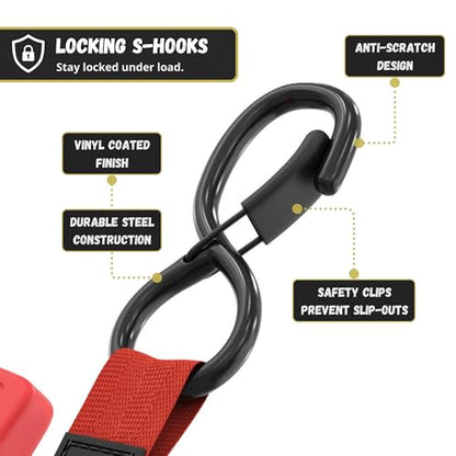 JACO Retractable Ratchet Straps - 1 in x 15 ft (2-Pack) (1,760lbs Break Strength) | Auto Self Retracting Cargo Tie Down Strap Set (Red) - color: Red, size: 2-Pack