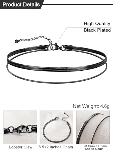 U7 Silver/Gold Ankle Bracelets for Women Layered Chain Anklets Stainless Steel Waterproof Summer Beach Anklet Cham, Adjustable 8.5"-10.5" - color: Black - Flat Snake Chain+Snake Chain